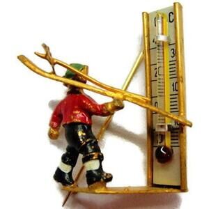 Antique 1930's Brooch Skiing Man Glass Thermometer Enamel
